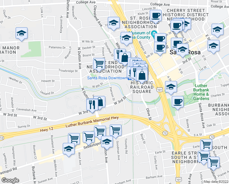 map of restaurants, bars, coffee shops, grocery stores, and more near 24 Pierson Street in Santa Rosa