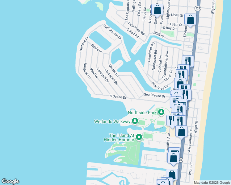 map of restaurants, bars, coffee shops, grocery stores, and more near 111 Sandyhill Drive in Ocean City