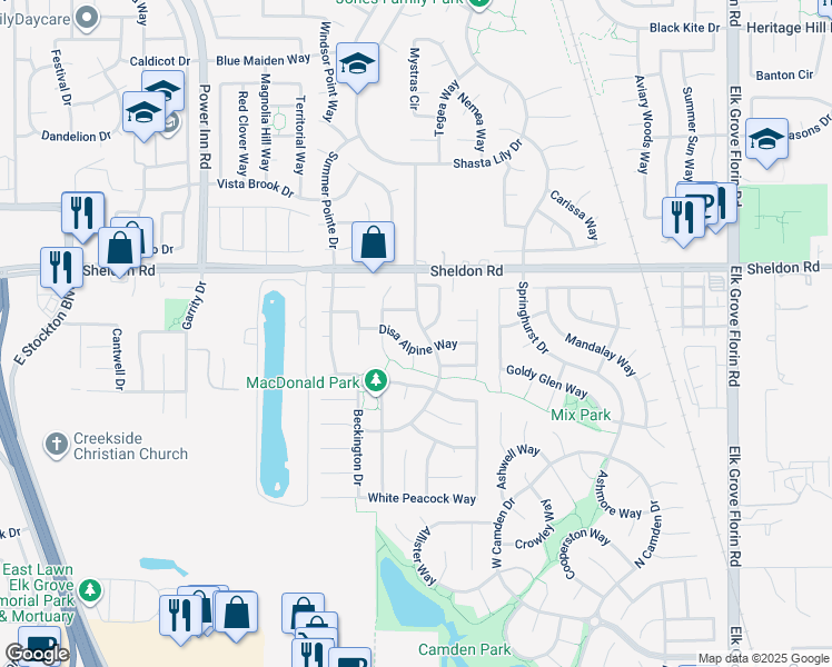 map of restaurants, bars, coffee shops, grocery stores, and more near 8619 Disa Alpine Way in Elk Grove