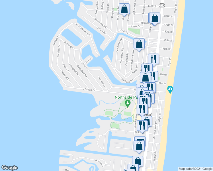 map of restaurants, bars, coffee shops, grocery stores, and more near 158 Sunshine Lane in Ocean City