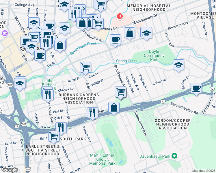 map of restaurants, bars, coffee shops, grocery stores, and more near 1033 Bush Street in Santa Rosa