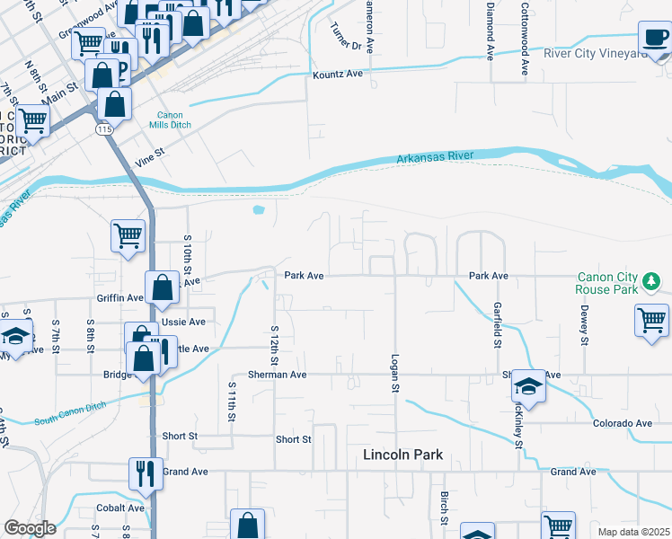 map of restaurants, bars, coffee shops, grocery stores, and more near 1265A Park Avenue in Cañon City