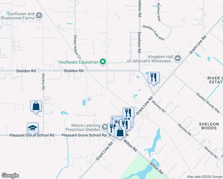 map of restaurants, bars, coffee shops, grocery stores, and more near 10412 Sheldon Road in Elk Grove