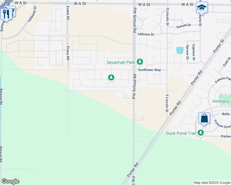 map of restaurants, bars, coffee shops, grocery stores, and more near 7707 Pitt School Road in Dixon