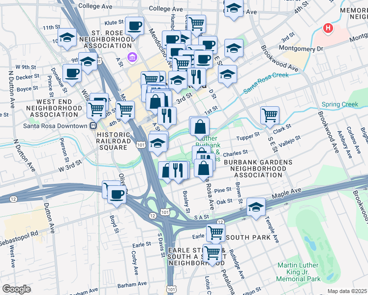 map of restaurants, bars, coffee shops, grocery stores, and more near 500 Sonoma Avenue in Santa Rosa