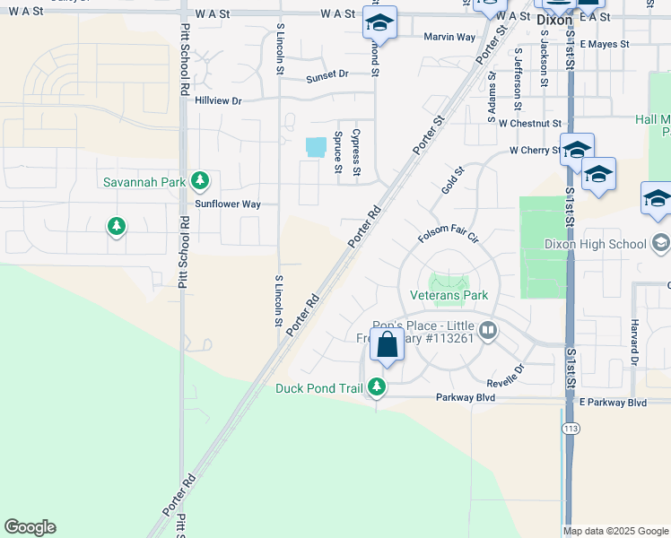 map of restaurants, bars, coffee shops, grocery stores, and more near 7697 Porter Road in Dixon