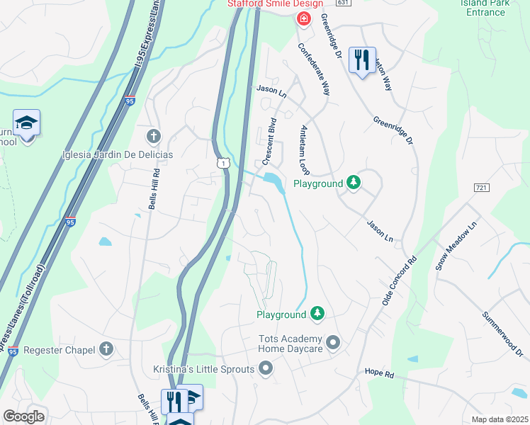 map of restaurants, bars, coffee shops, grocery stores, and more near 28 Wayside Court in Stafford