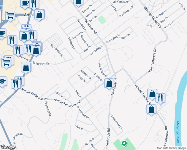map of restaurants, bars, coffee shops, grocery stores, and more near 2647 Diane Drive in Arnold