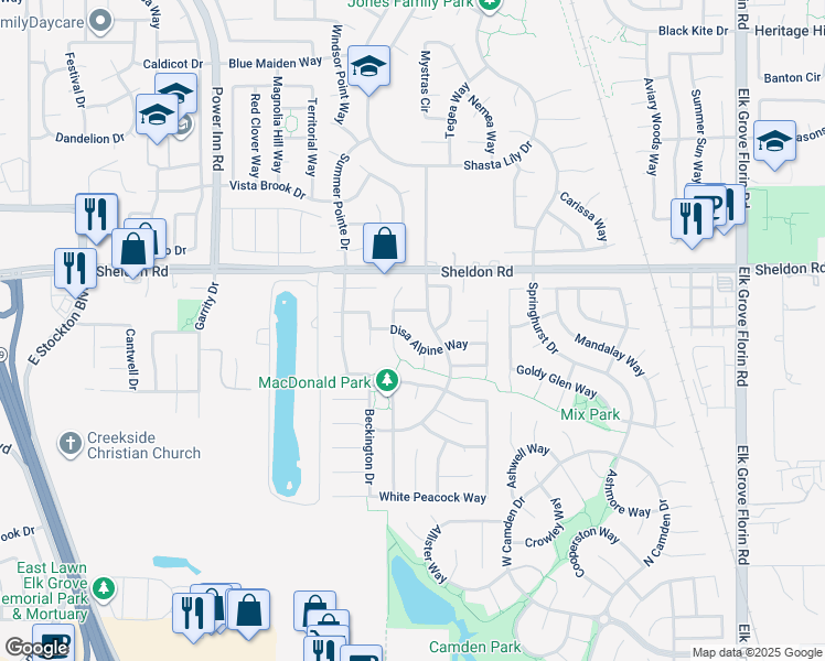 map of restaurants, bars, coffee shops, grocery stores, and more near 8619 Disa Alpine Way in Elk Grove
