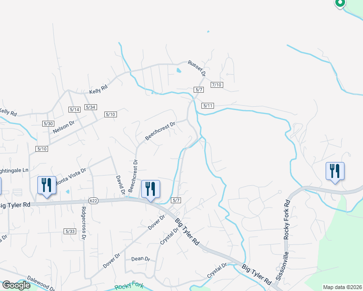 map of restaurants, bars, coffee shops, grocery stores, and more near 5219-5221 County Route 5/7 in Cross Lanes