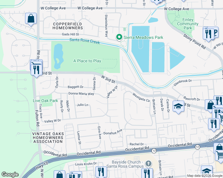 map of restaurants, bars, coffee shops, grocery stores, and more near 2309 Valley West Drive in Santa Rosa