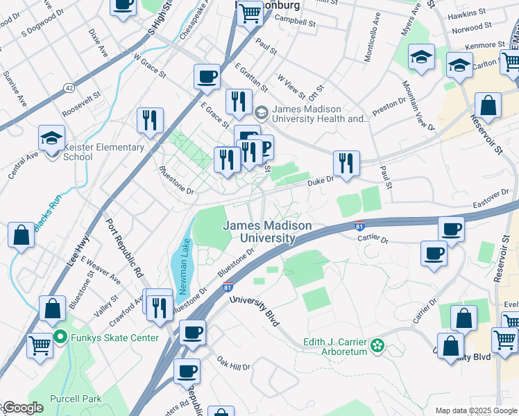 map of restaurants, bars, coffee shops, grocery stores, and more near 211 Bluestone Drive in Harrisonburg