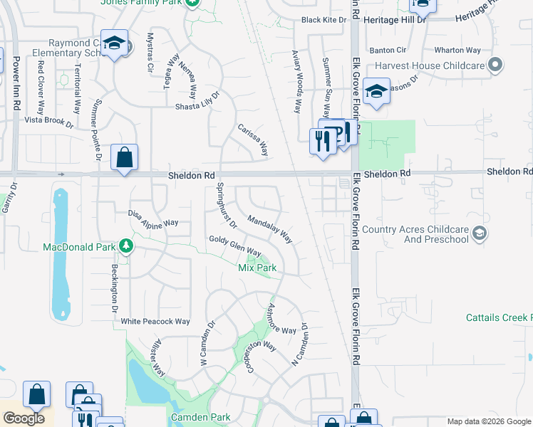 map of restaurants, bars, coffee shops, grocery stores, and more near 8784 Fallbright Way in Elk Grove