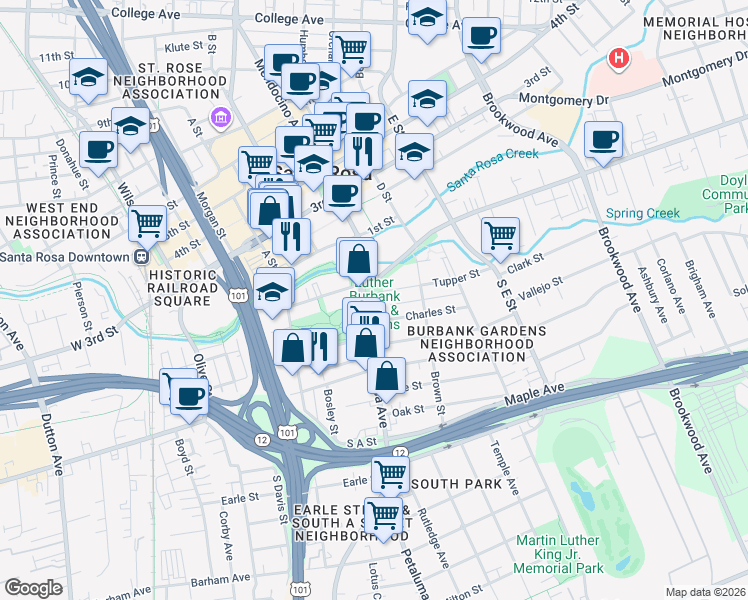 map of restaurants, bars, coffee shops, grocery stores, and more near 200 Santa Rosa Avenue in Santa Rosa