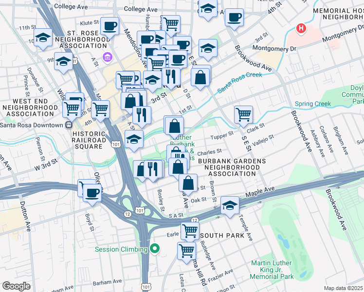 map of restaurants, bars, coffee shops, grocery stores, and more near 200 Santa Rosa Avenue in Santa Rosa