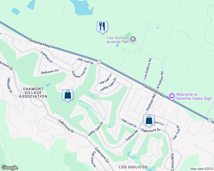 map of restaurants, bars, coffee shops, grocery stores, and more near 129 Valley Oaks Drive in Santa Rosa