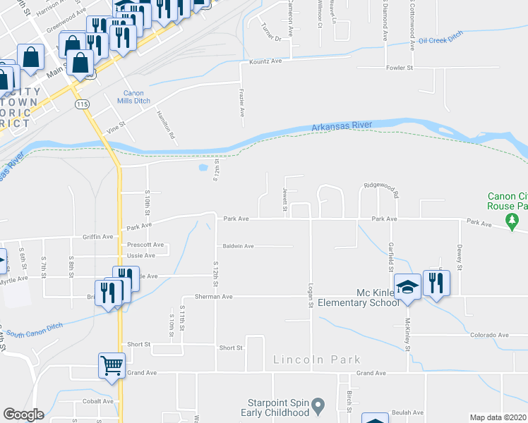 map of restaurants, bars, coffee shops, grocery stores, and more near 1265A Park Avenue in Cañon City