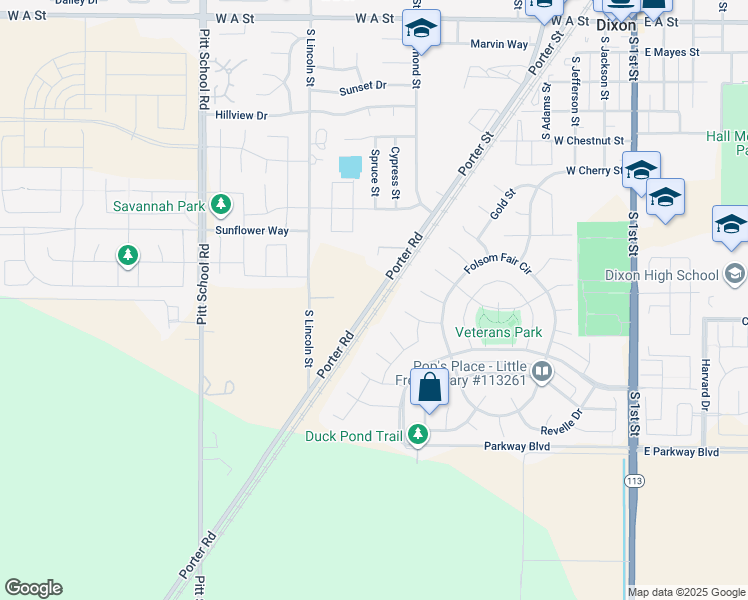 map of restaurants, bars, coffee shops, grocery stores, and more near Eisenhower St in Dixon