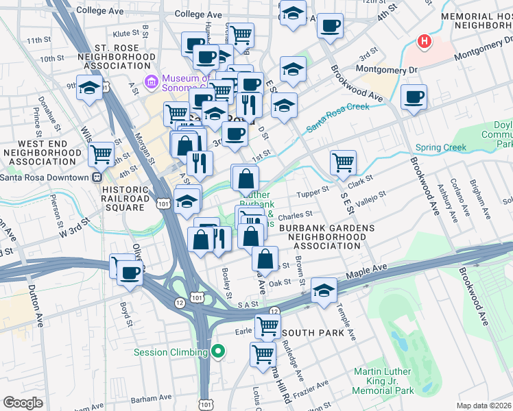 map of restaurants, bars, coffee shops, grocery stores, and more near 200 Santa Rosa Avenue in Santa Rosa