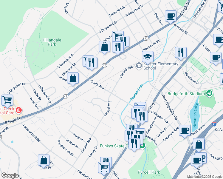 map of restaurants, bars, coffee shops, grocery stores, and more near 1378 Central Avenue in Harrisonburg