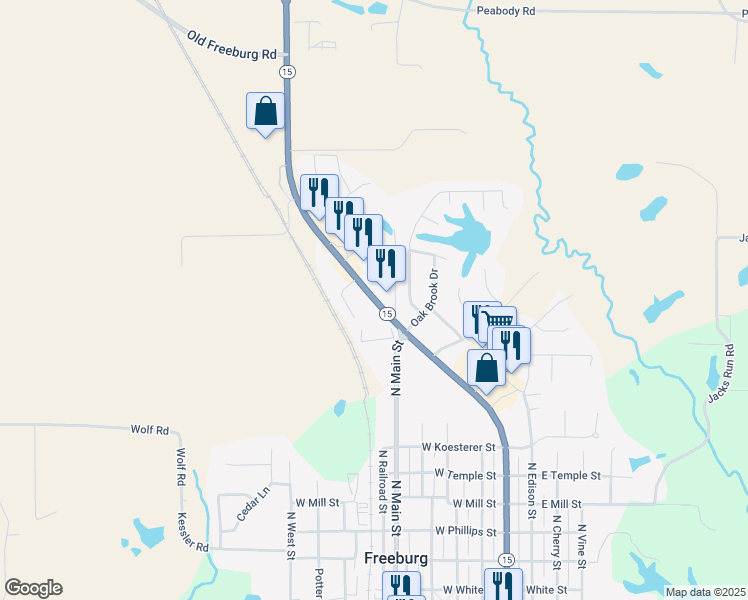 map of restaurants, bars, coffee shops, grocery stores, and more near 703 Illinois 13 in Freeburg