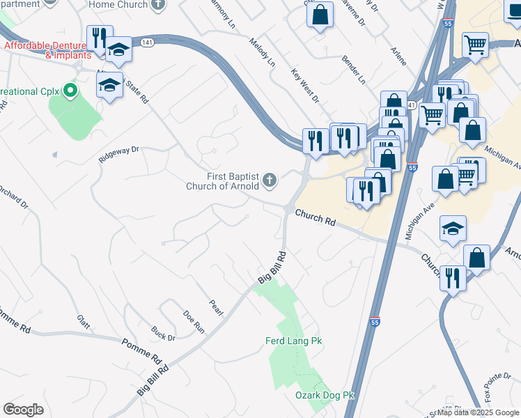 map of restaurants, bars, coffee shops, grocery stores, and more near 2069 Missouri State Road in Arnold