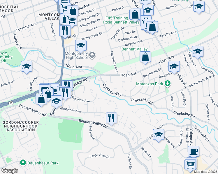 map of restaurants, bars, coffee shops, grocery stores, and more near 3335 Cypress Way in Santa Rosa