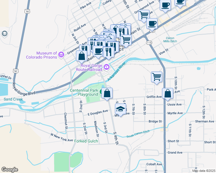 map of restaurants, bars, coffee shops, grocery stores, and more near 614 South 4th Street in Cañon City