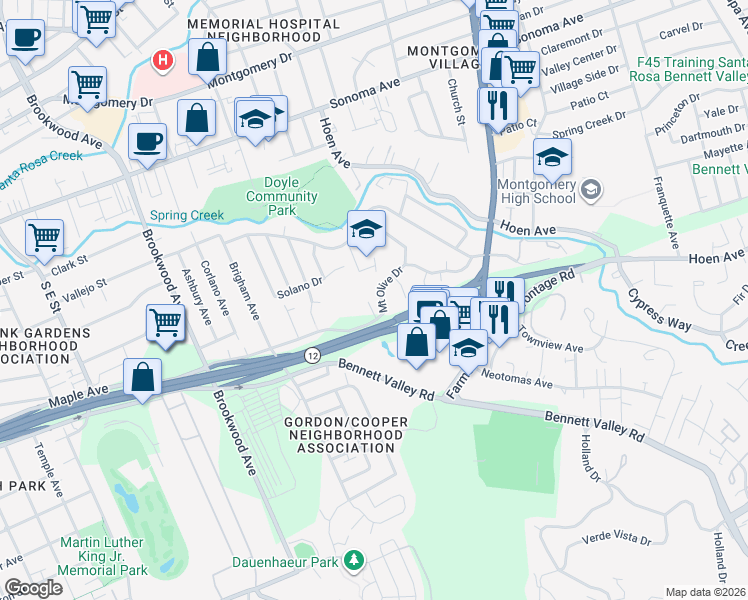 map of restaurants, bars, coffee shops, grocery stores, and more near 2045 Mount Olive Drive in Santa Rosa