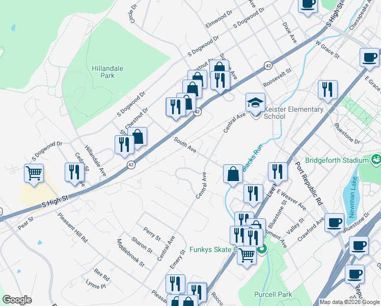 map of restaurants, bars, coffee shops, grocery stores, and more near 135 South Avenue in Harrisonburg