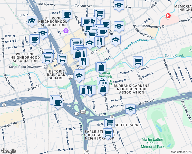 map of restaurants, bars, coffee shops, grocery stores, and more near 512 Sonoma Avenue in Santa Rosa