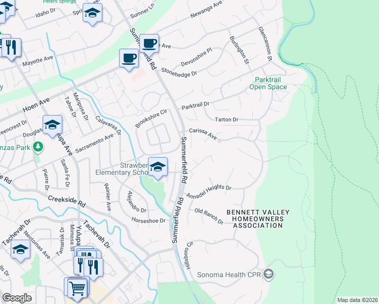 map of restaurants, bars, coffee shops, grocery stores, and more near 2032 San Antonio Drive in Santa Rosa