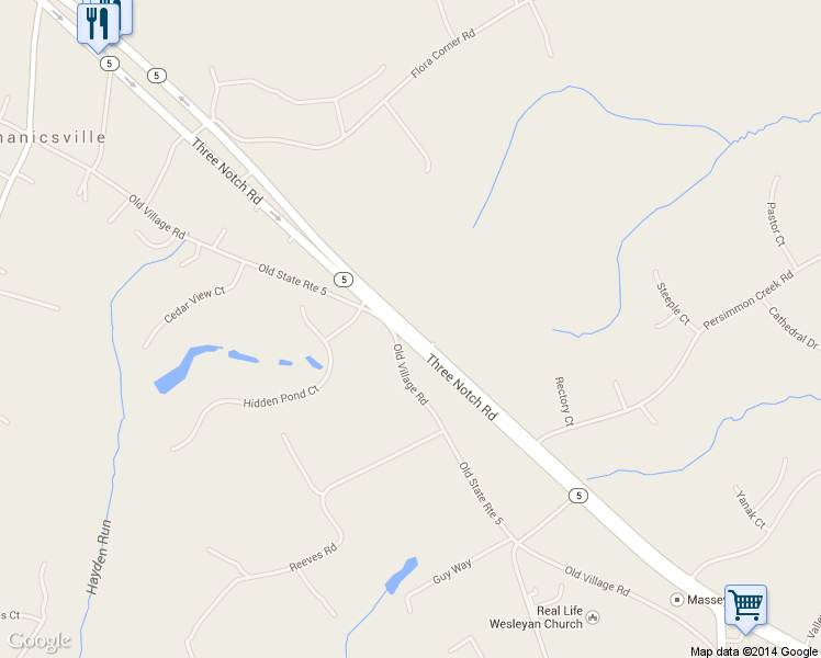 map of restaurants, bars, coffee shops, grocery stores, and more near 27970 Three Notch Road in Mechanicsville