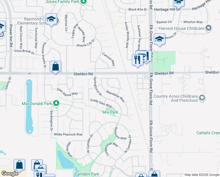 map of restaurants, bars, coffee shops, grocery stores, and more near 8784 Fallbright Way in Elk Grove
