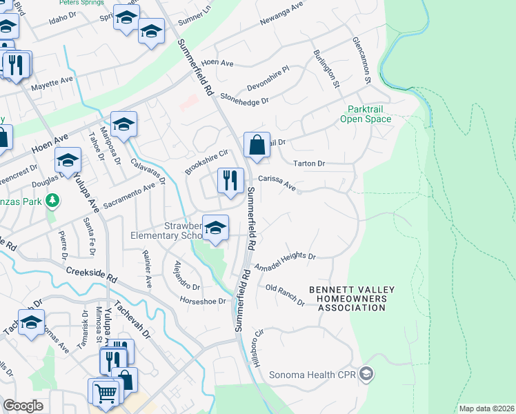 map of restaurants, bars, coffee shops, grocery stores, and more near 2032 San Antonio Drive in Santa Rosa