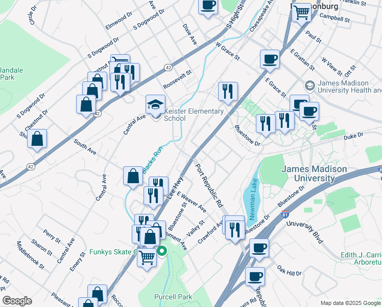 map of restaurants, bars, coffee shops, grocery stores, and more near 15 Maryland Avenue in Harrisonburg