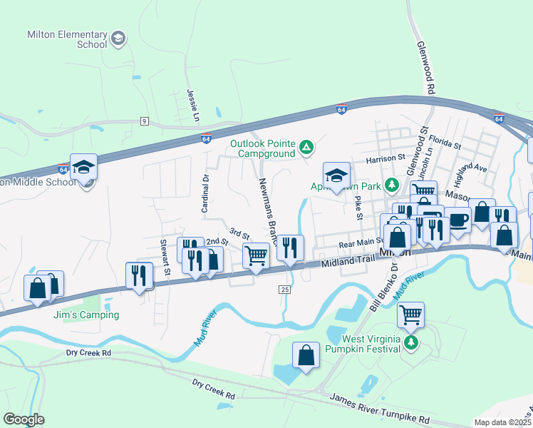 map of restaurants, bars, coffee shops, grocery stores, and more near 1039 Newmans Bridge in Milton