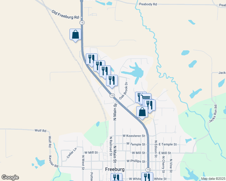 map of restaurants, bars, coffee shops, grocery stores, and more near 703 Illinois 13 in Freeburg