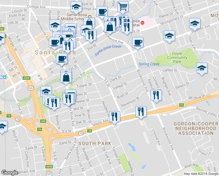 map of restaurants, bars, coffee shops, grocery stores, and more near South E Street in Santa Rosa