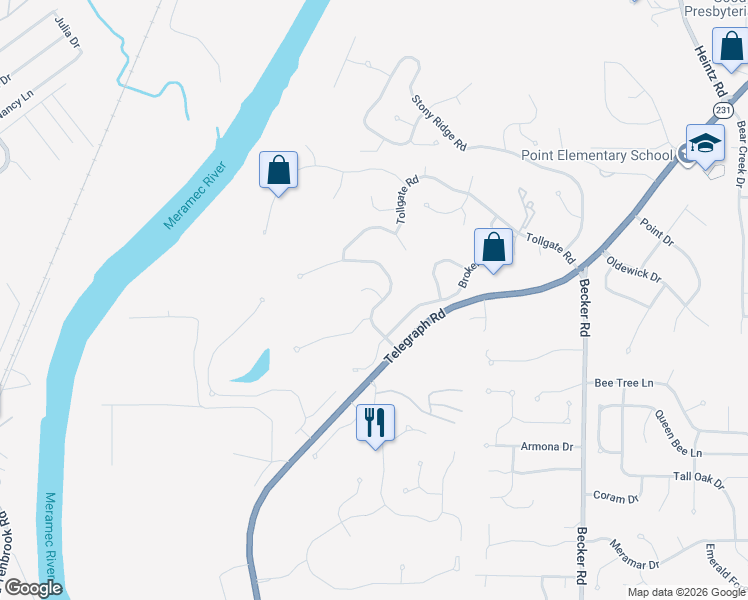 map of restaurants, bars, coffee shops, grocery stores, and more near 3025 Olde Post Road in St. Louis