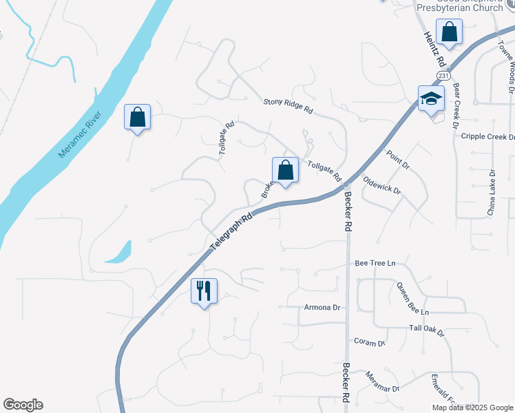 map of restaurants, bars, coffee shops, grocery stores, and more near 6985 Telegraph Road in St. Louis