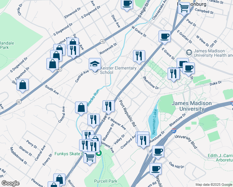 map of restaurants, bars, coffee shops, grocery stores, and more near 15 Maryland Avenue in Harrisonburg