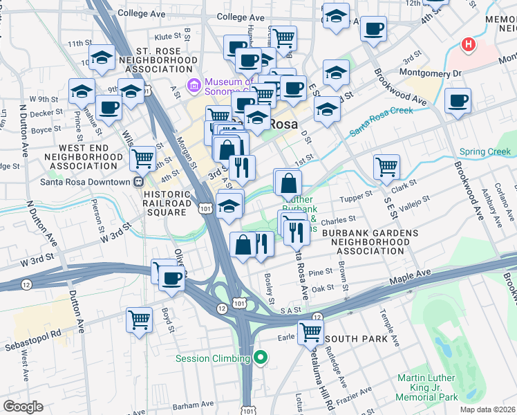 map of restaurants, bars, coffee shops, grocery stores, and more near 487 Sonoma Avenue in Santa Rosa