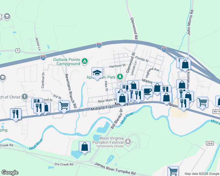 map of restaurants, bars, coffee shops, grocery stores, and more near 1041 Church Street in Milton