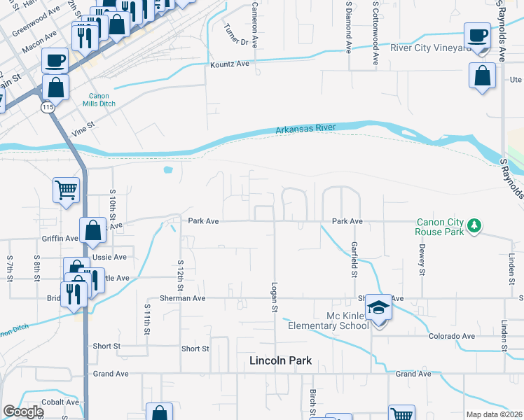 map of restaurants, bars, coffee shops, grocery stores, and more near 1333-1337 Park Ave in Cañon City