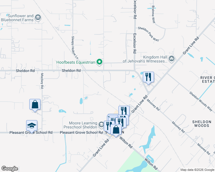 map of restaurants, bars, coffee shops, grocery stores, and more near 10412 Sheldon Road in Elk Grove