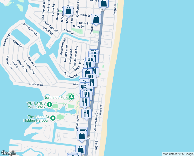map of restaurants, bars, coffee shops, grocery stores, and more near 13 131st Street in Ocean City