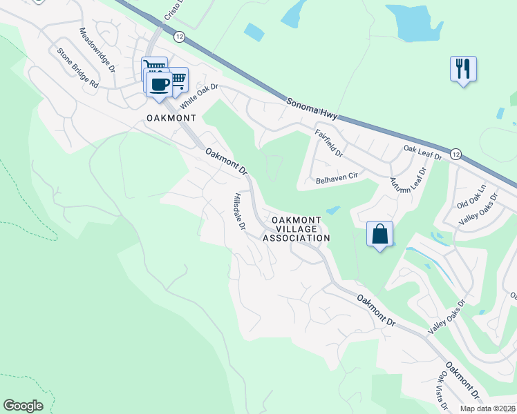map of restaurants, bars, coffee shops, grocery stores, and more near 6840 Oakmont Drive in Santa Rosa