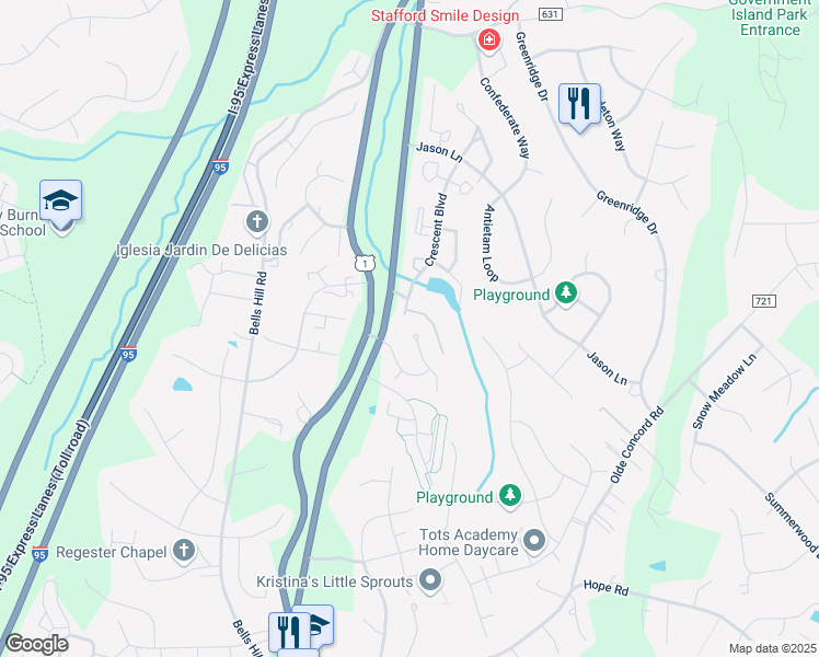 map of restaurants, bars, coffee shops, grocery stores, and more near 16 Wayside Court in Stafford