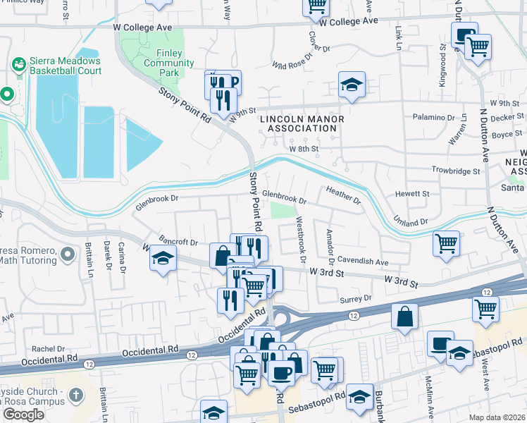 map of restaurants, bars, coffee shops, grocery stores, and more near 300 Stony Point Road in Santa Rosa